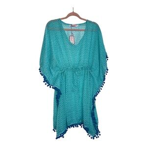 Women’s Aqua White Printed Pom-Pom Swim Coverup Tunic, ONESIZE, NEW WITH TAGS 🏷️